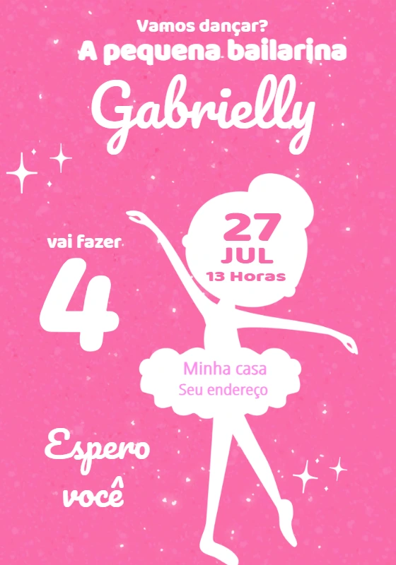 Convite Aniversário Bailarina Delicado para Editar Online