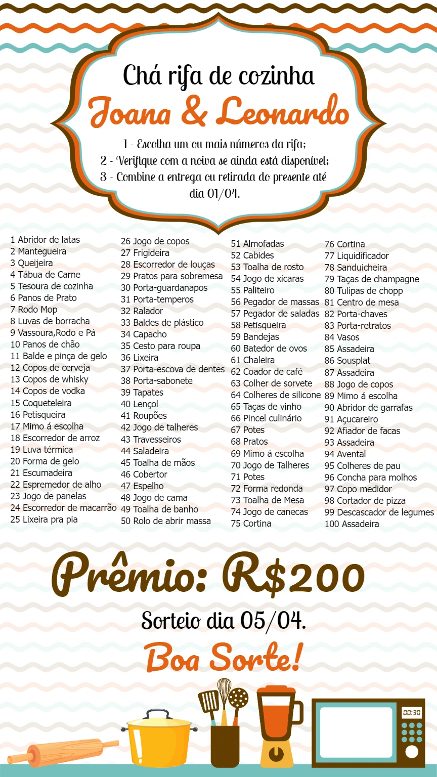 Rifa para Chá de Cozinha com Lista de Presentes para Editar