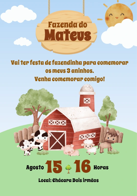 Convite de Aniversário Fazendinha com Animais para Editar Online