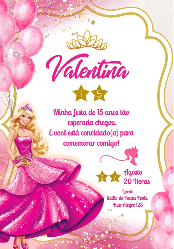 Convite de Aniversário Barbie Rosa para Editar Online