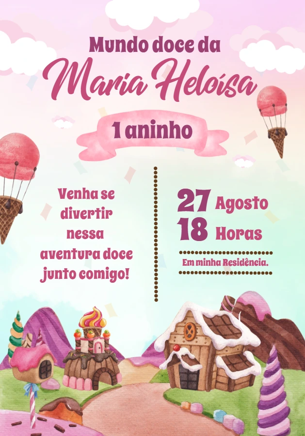 Convite Aniversário Mundo Doce para Editar Online