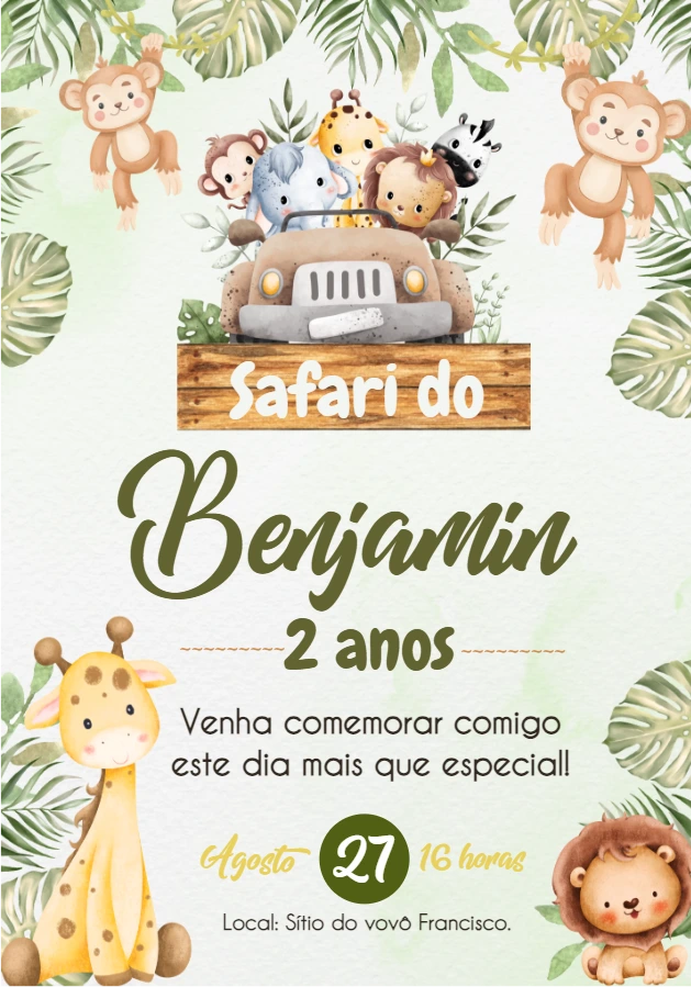 Convite Aniversário Safari com Animais Fofos para Editar