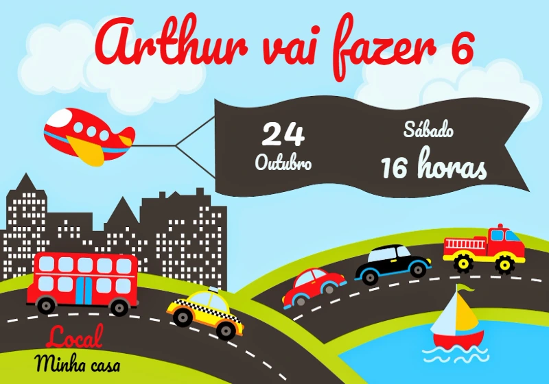 Convite Aniversário Transportes para Editar Online