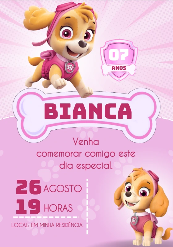 Convite Aniversário Patrulha Canina Skye para Editar Online