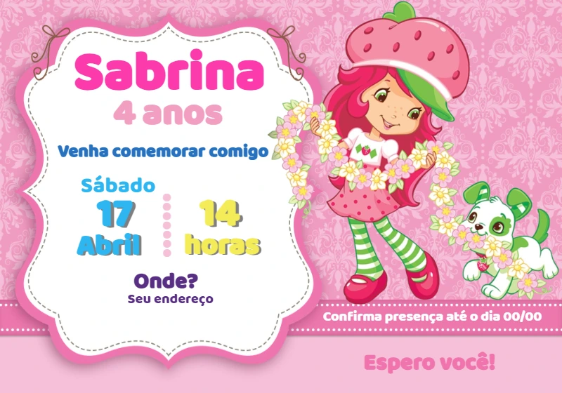 Convite Aniversário Moranguinho para Editar Online