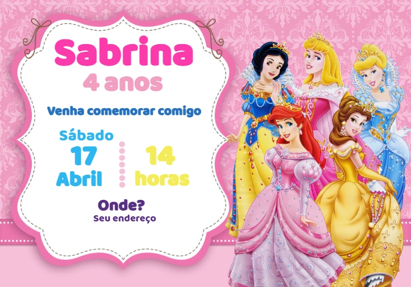 Convite de Aniversário Princesas da Disney Editável Online