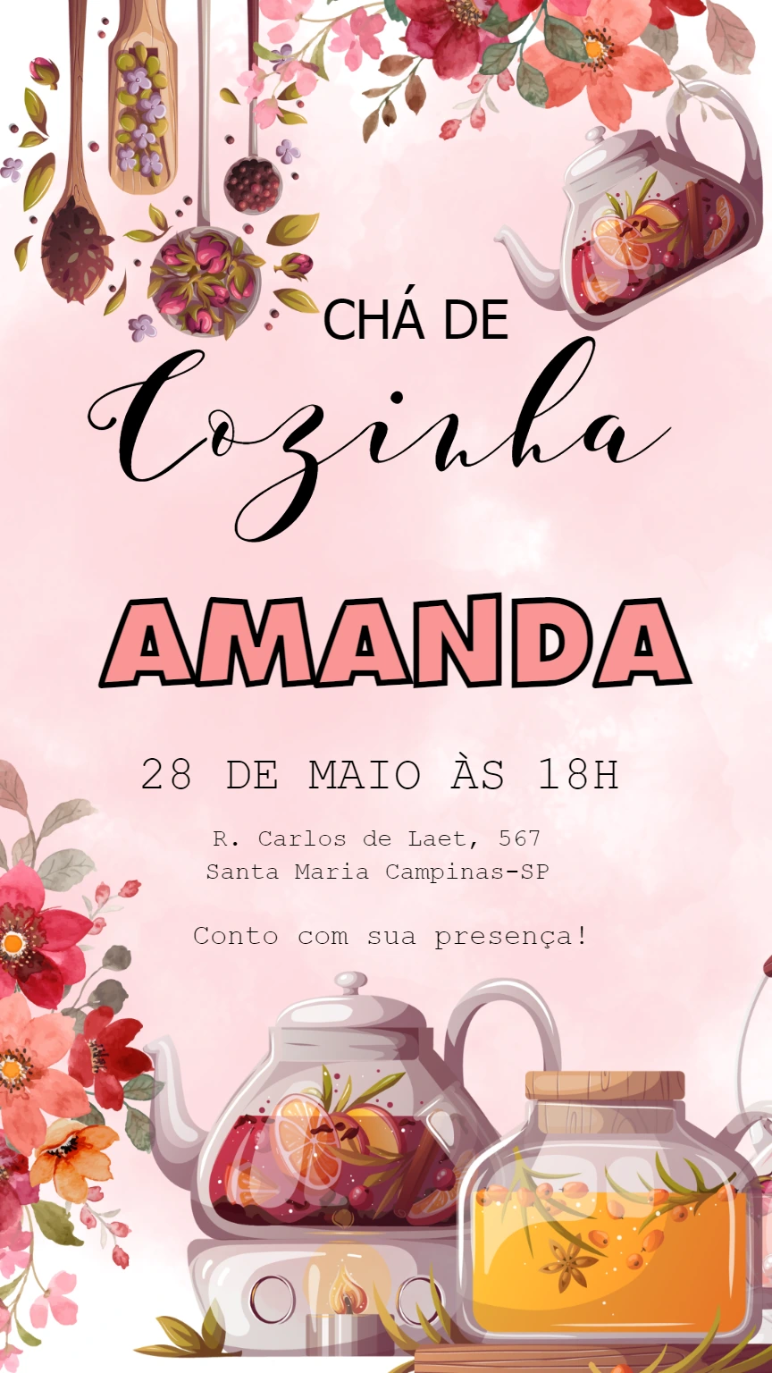 Convite Chá de Cozinha Aquarela Floral para Editar Online