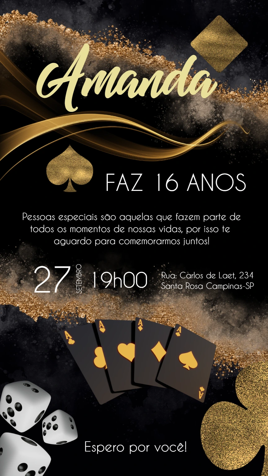 Convite de Aniversário Tema Cassino e Baralho para Editar