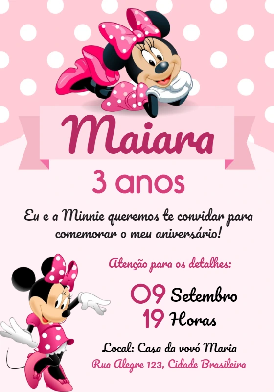 Convite de Aniversário Minnie Rosa para Editar Online