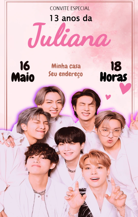 Convite de Aniversário BTS K-pop para Editar Online