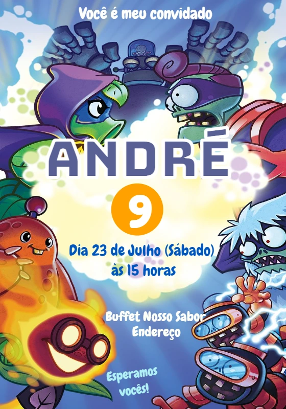 Convite Aniversário Plantas vs Zumbis para Editar Online