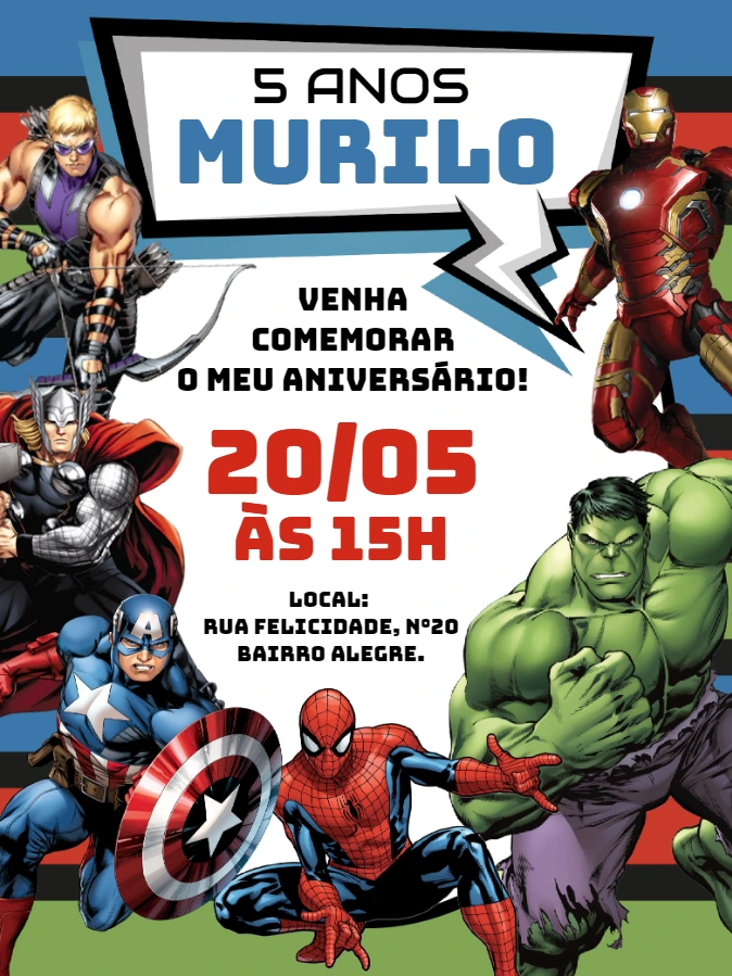 Convite Aniversário Vingadores com Heróis para Editar Online