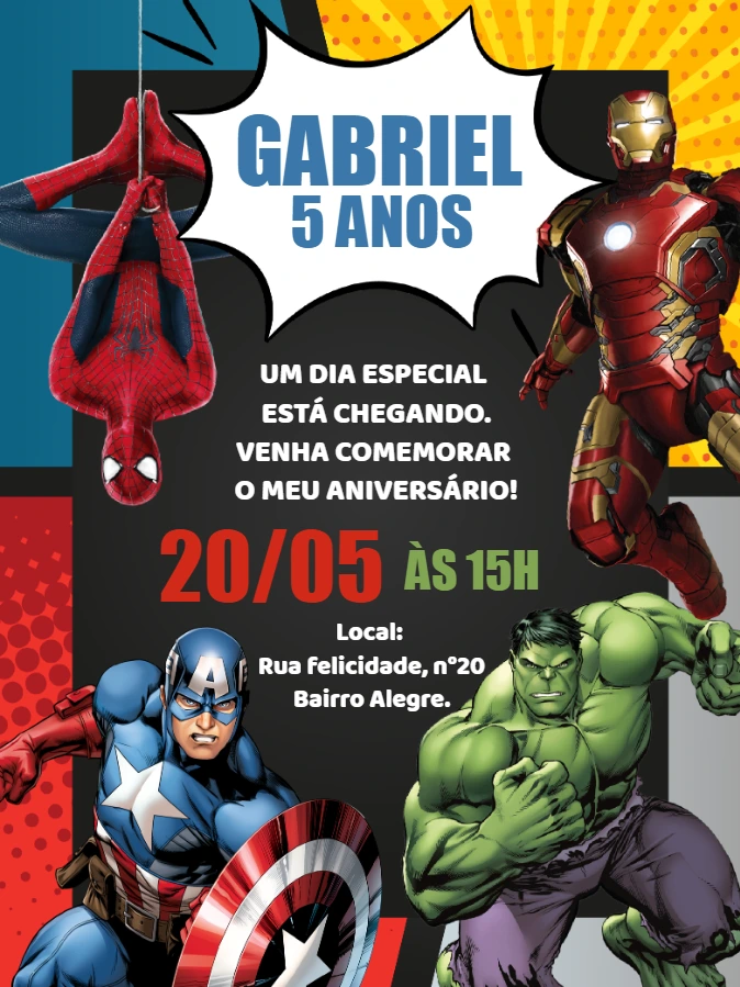 Convite Aniversário Vingadores com Heróis para Editar Online