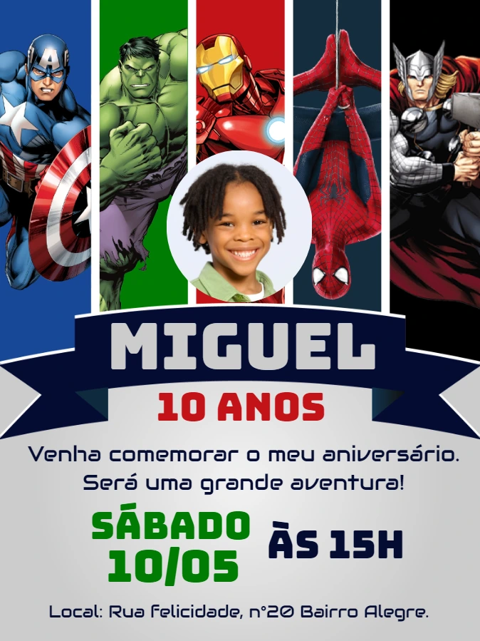 Convite Aniversário Vingadores com Foto para Editar Online