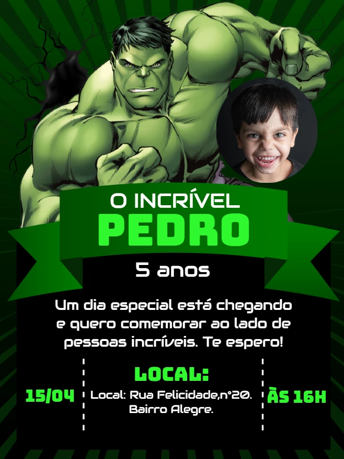 Convite de Aniversário Hulk com Foto para Editar Online