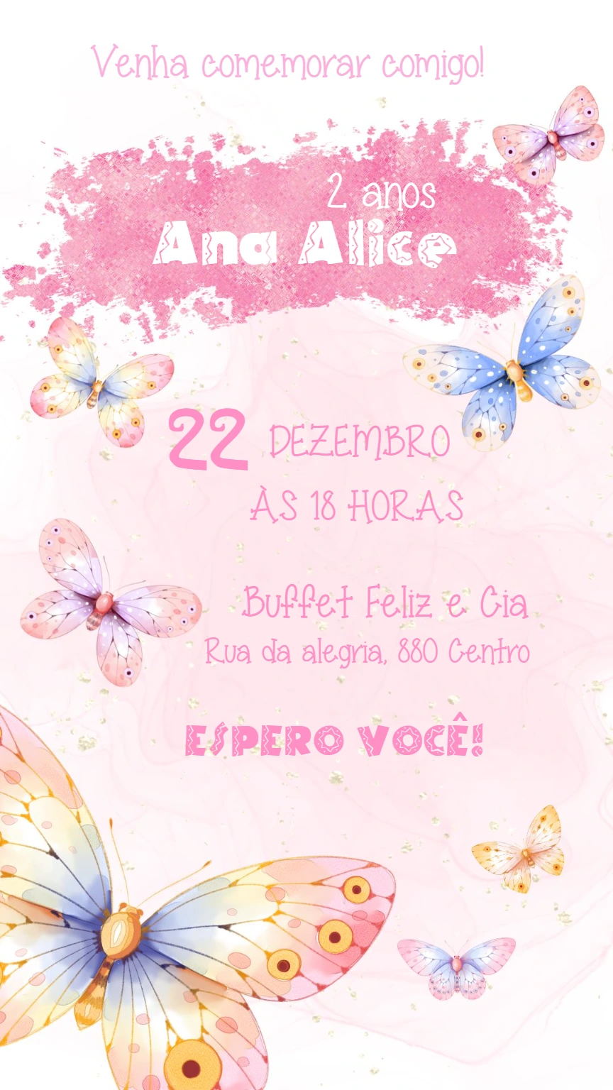 Convite de Aniversário Borboletas Aquarela para Editar