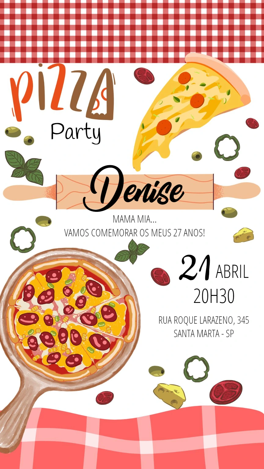 Convite de Aniversário Pizza Party para Editar Online