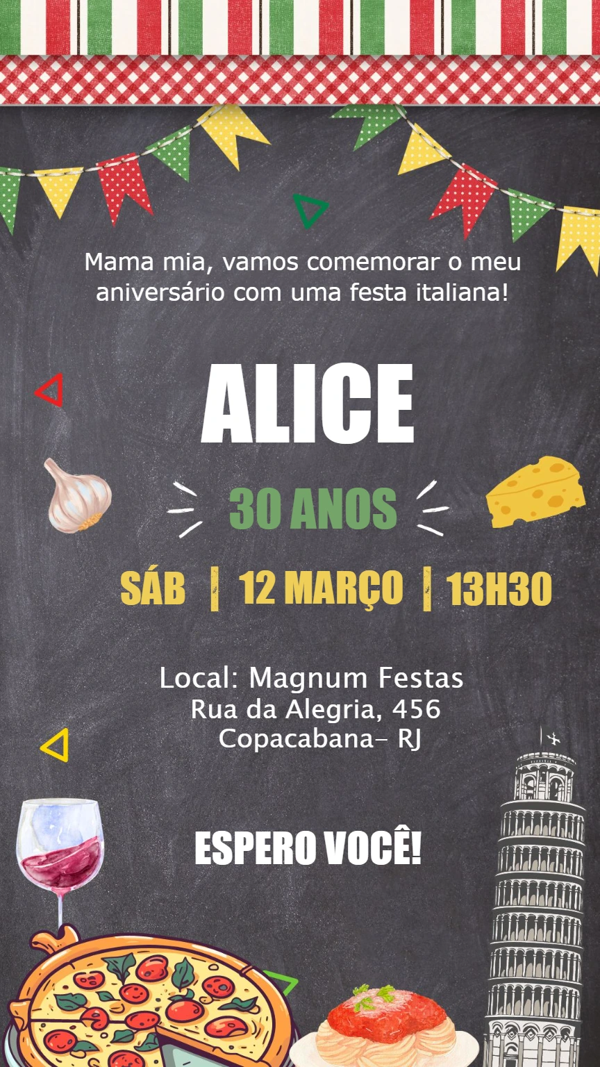 Convite de Aniversário Festa Italiana para Editar Online