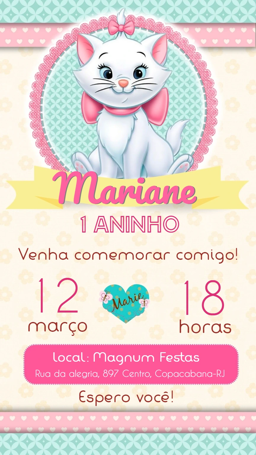 Convite Aniversário Gatinha Marie para Editar Online