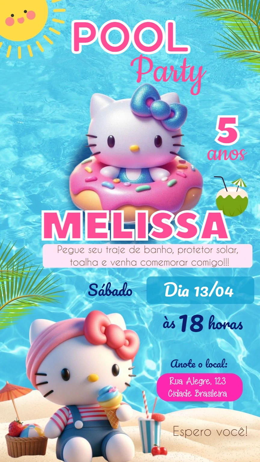 Convite Aniversário Pool Party da Hello Kitty para Editar Online