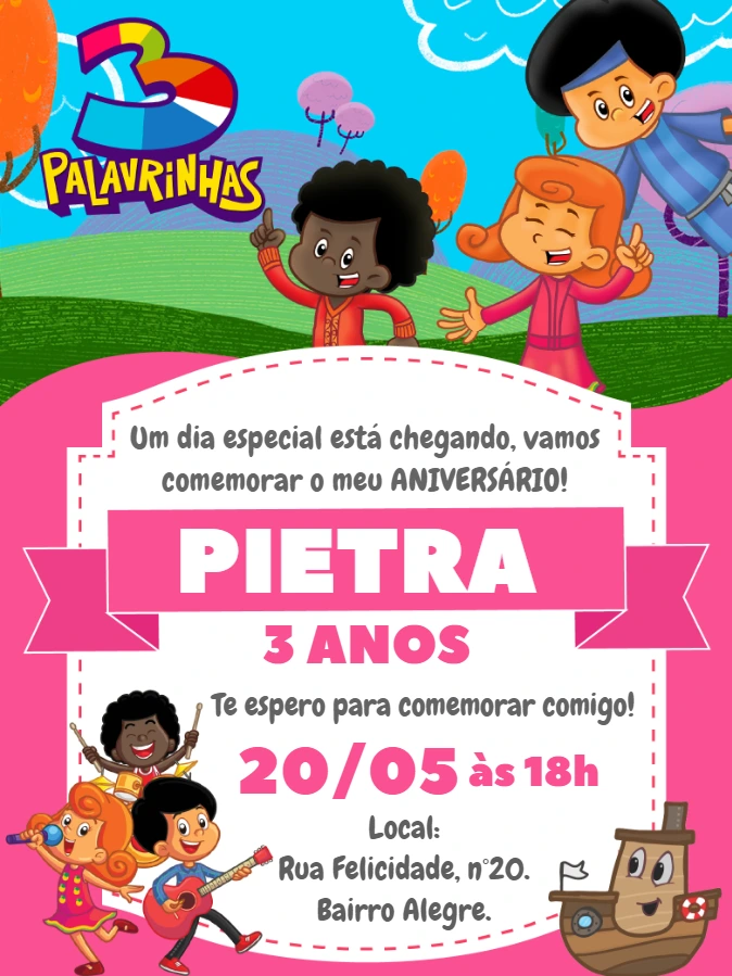 Convite Aniversário 3 Palavrinhas para Editar Online