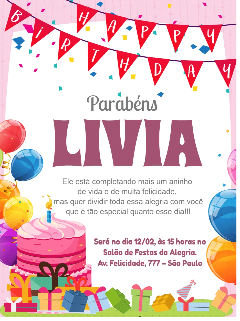 Convite de Aniversário Infantil Rosa com Bolo para Editar Online