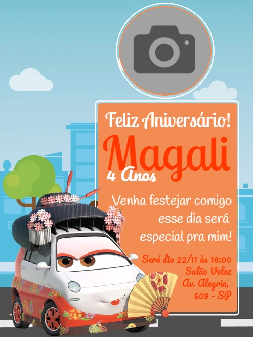 Convite de Aniversário Carros Okuni com Foto para Editar