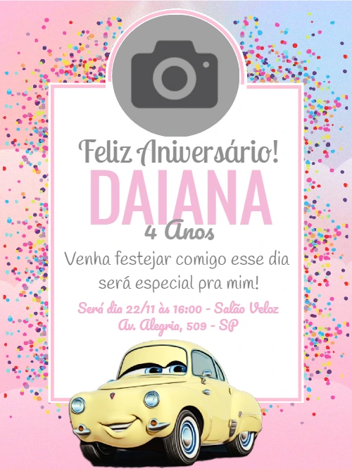 Convite de Aniversário Carros com Foto para Editar Online
