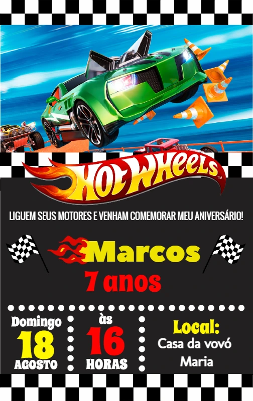 Convite de Aniversário Hot Wheels para Editar Online