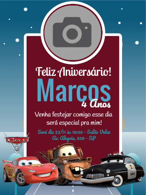 Convite de Aniversário Carros com Foto para Editar Online