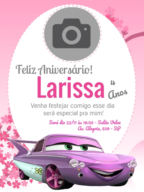Convite Aniversário Carros Menina com Foto para Editar Online