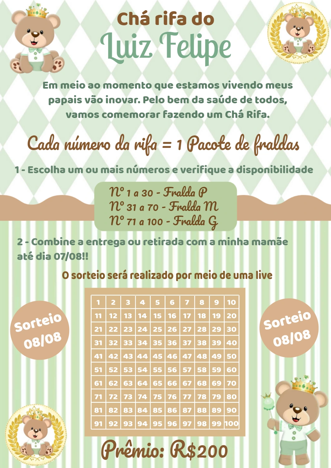 Convite Chá Rifa Ursinho Príncipe para Editar Online