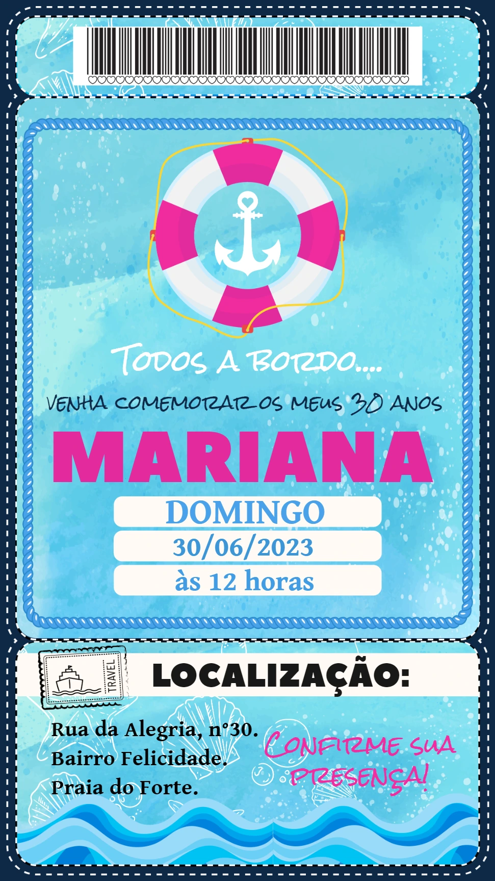 Convite Aniversário Náutico Cartão de Embarque Editável Online