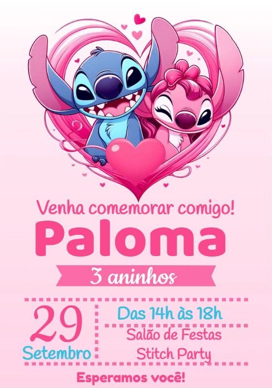 Convite Aniversário Stitch e Angel para Editar Online