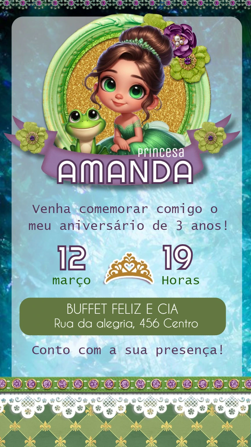 Convite Aniversário Princesa e o Sapo para Editar Online