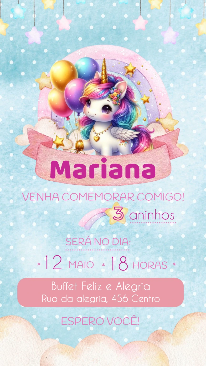 Convite Aniversário Unicórnio Fofo para Editar Online