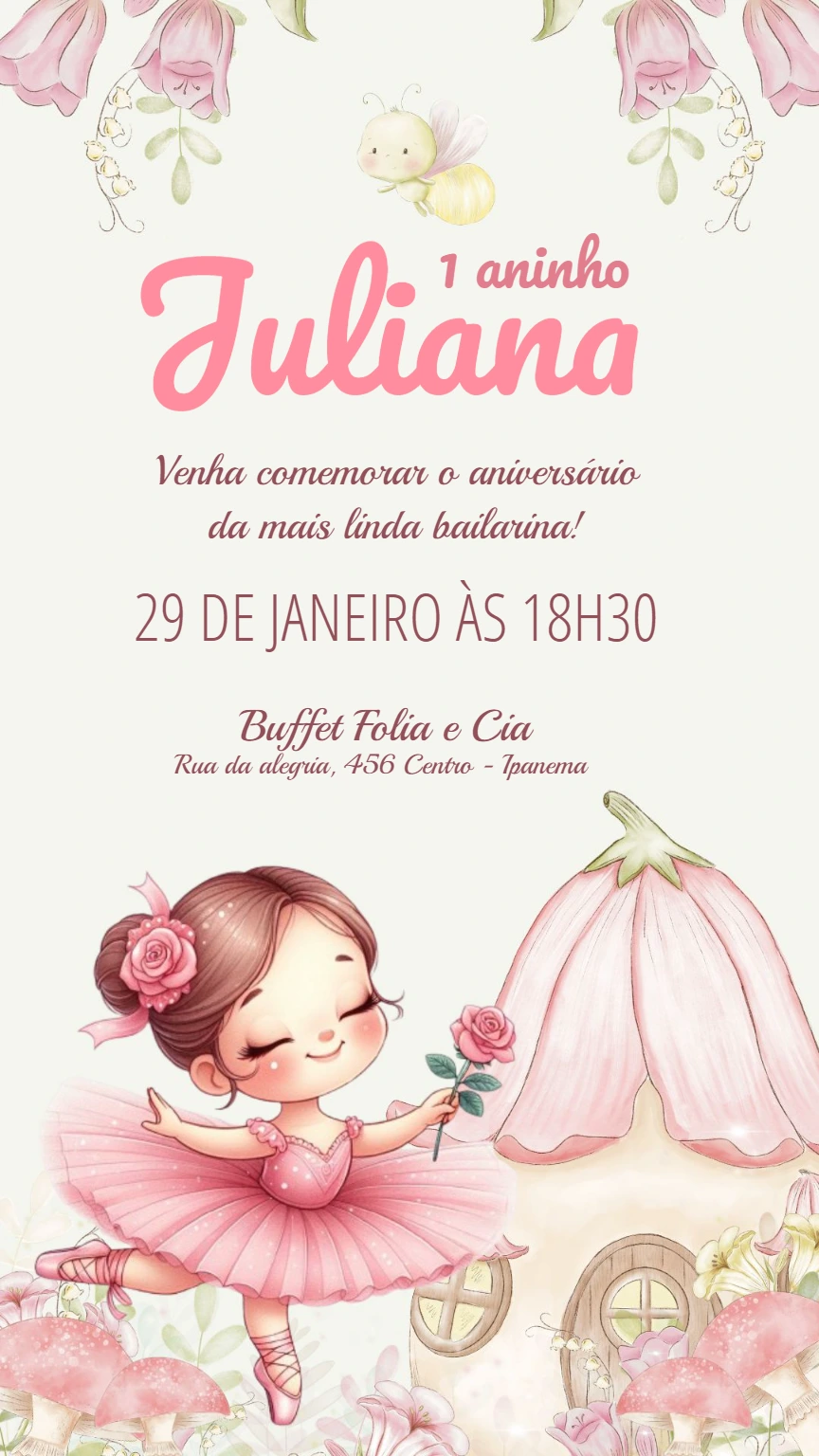 Convite Aniversário Bailarina Delicada para Editar Online