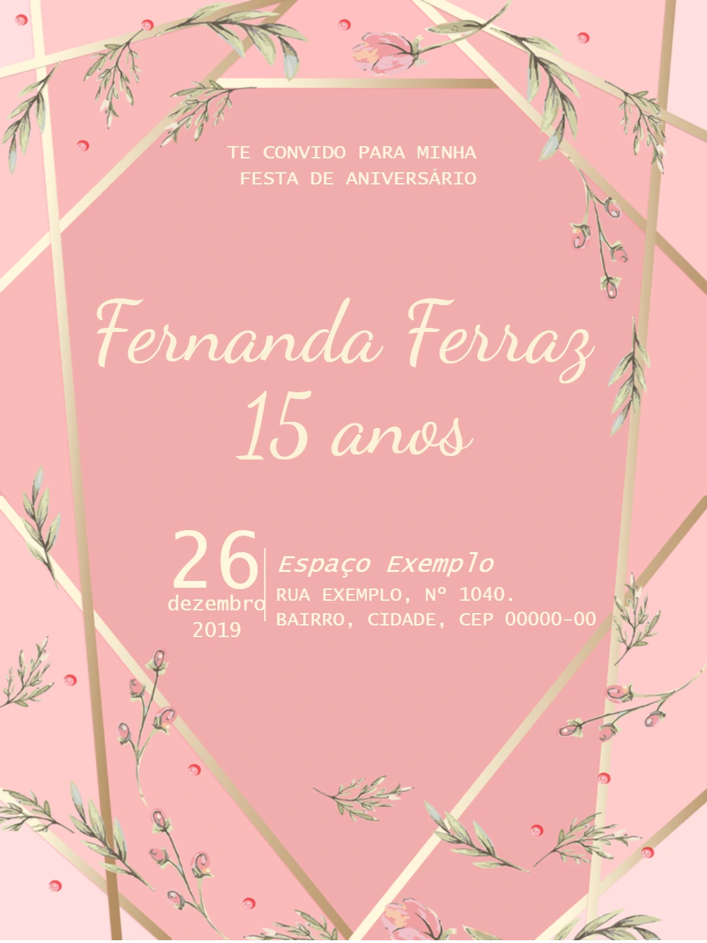 Convite de 15 anos Rosa e Dourado Geométrico para Editar