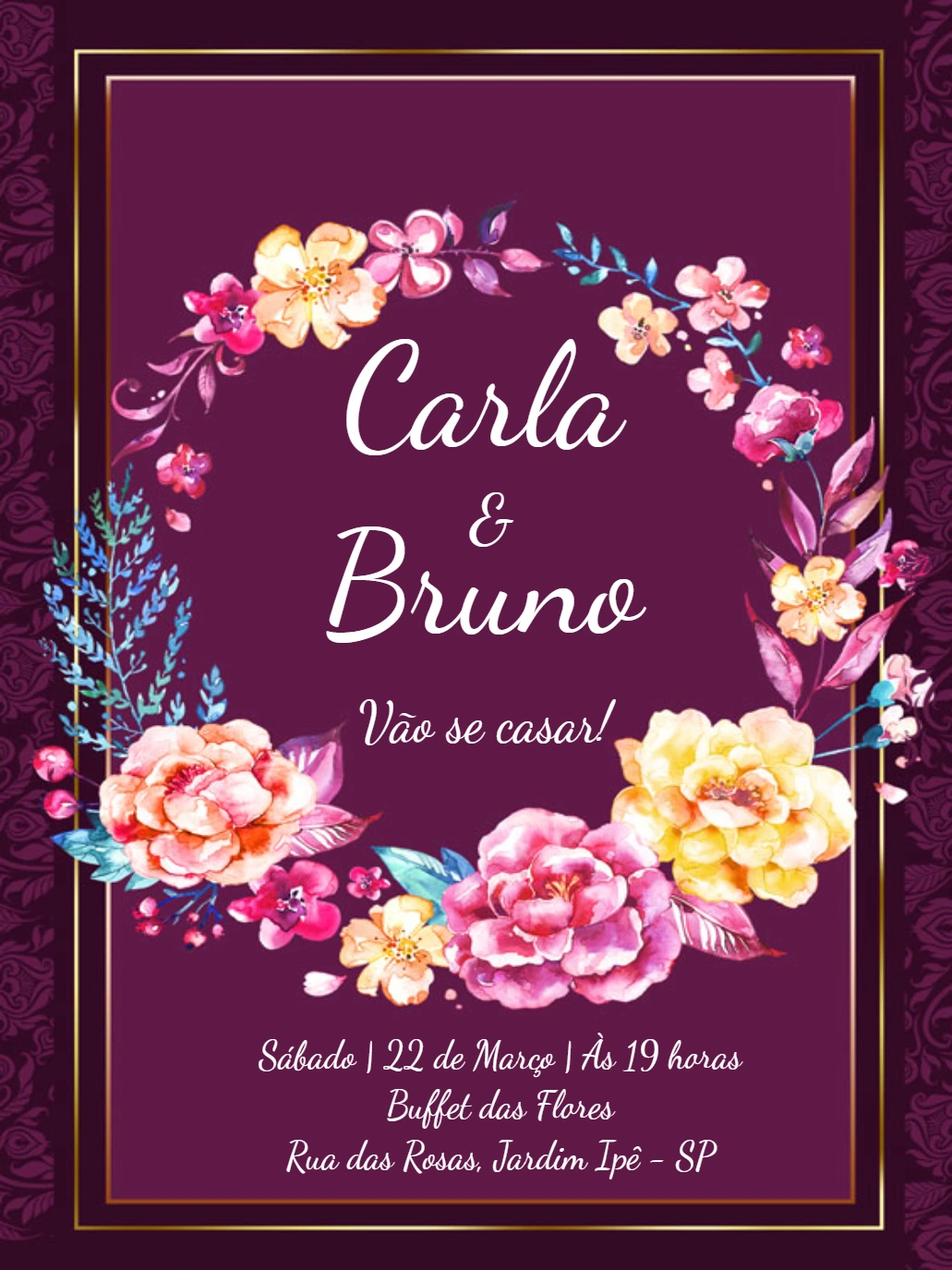 Convite de Casamento Floral Roxo para Editar Online
