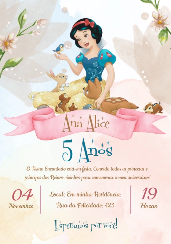 Convite de Aniversário Branca de Neve para Editar Online