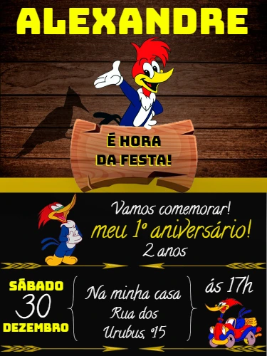 Convite Aniversário Pica Pau para Editar Online