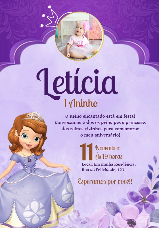 Convite Aniversário Princesinha Sofia com Foto para Editar Online