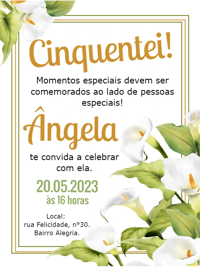 Convite 50 Anos Floral com Copo de Leite para Editar Online