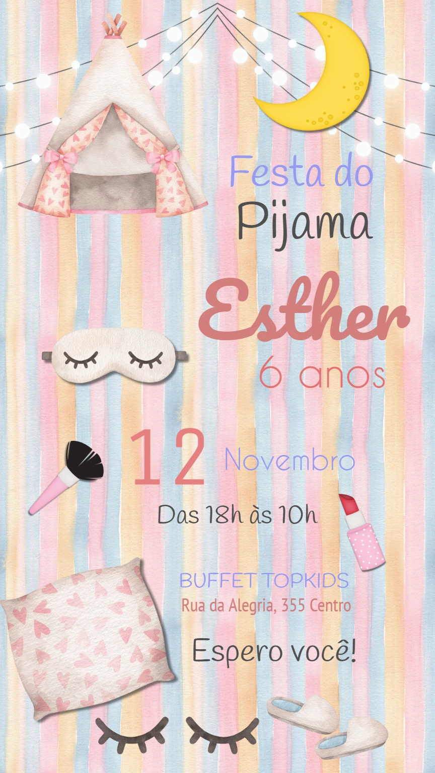 Convite Aniversário Festa do Pijama com Tenda para Editar Online
