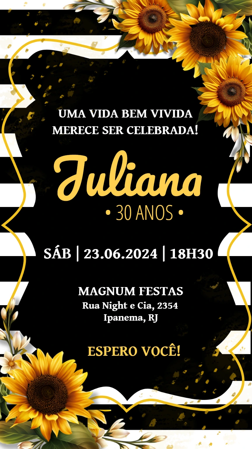 Convite de Aniversário Girassol Elegante para Editar Online