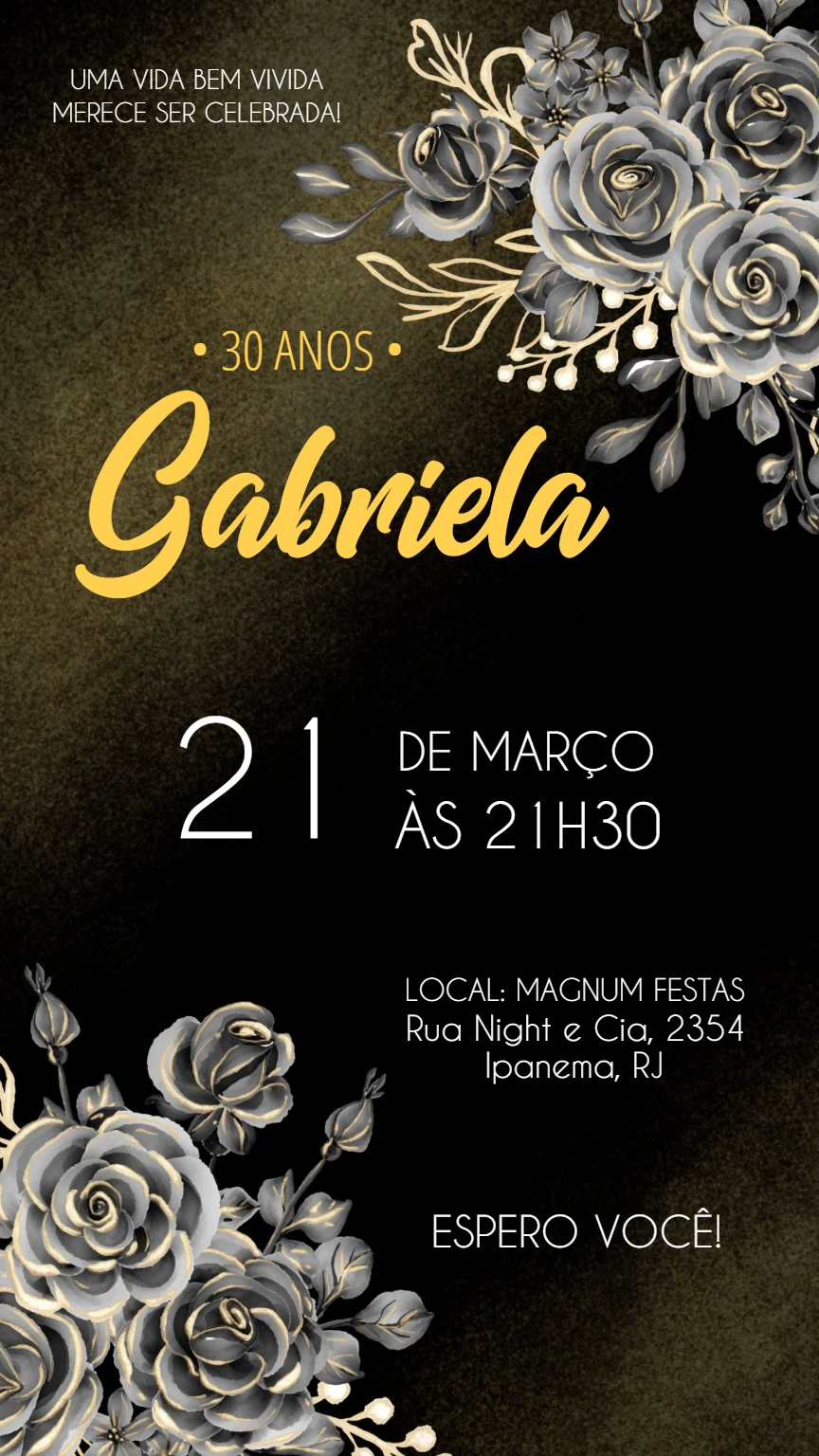 Convite de Aniversário Floral Preto e Dourado para Editar Online