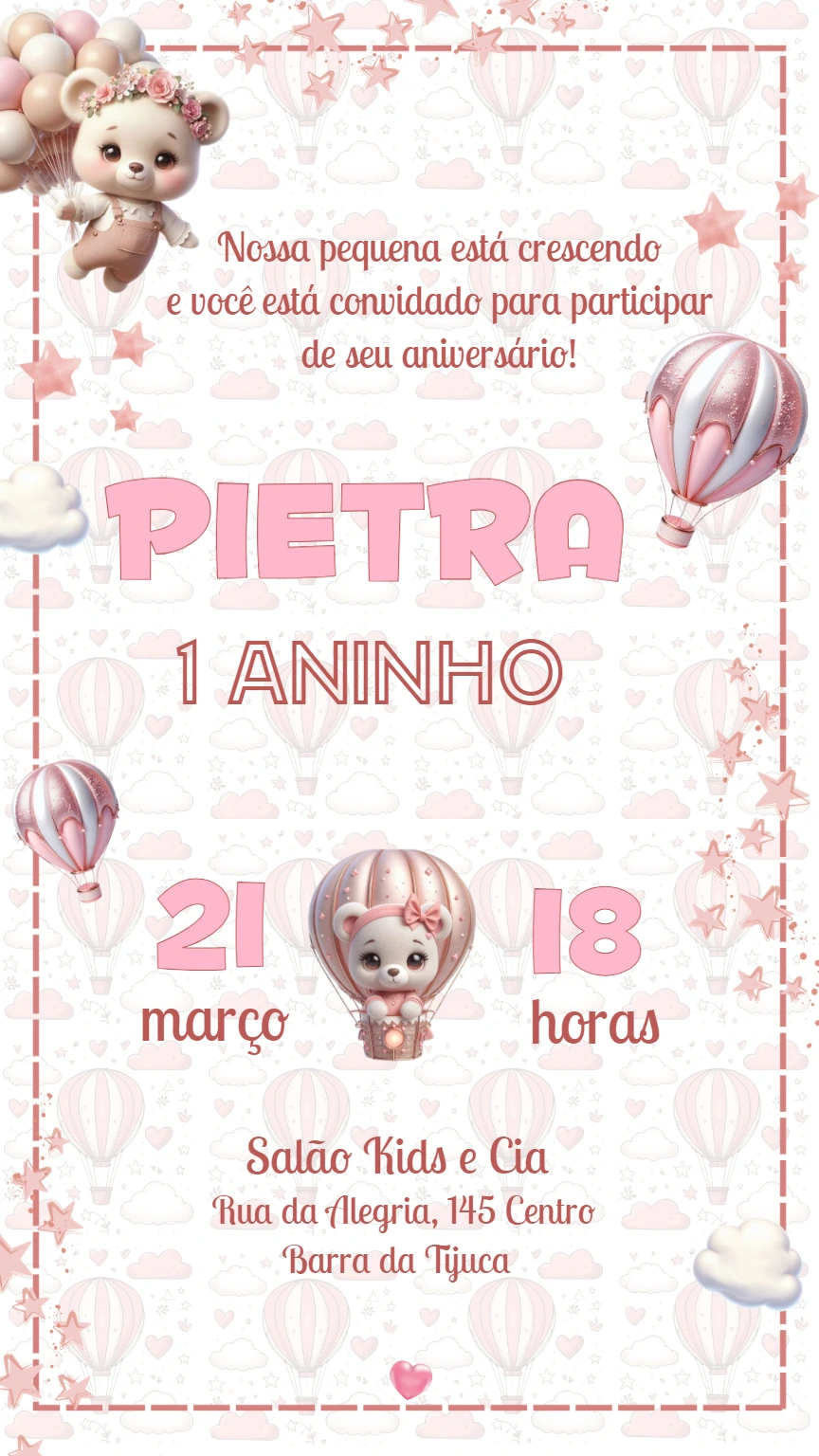 Convite Aniversário Ursinha Baloeira para Editar Online
