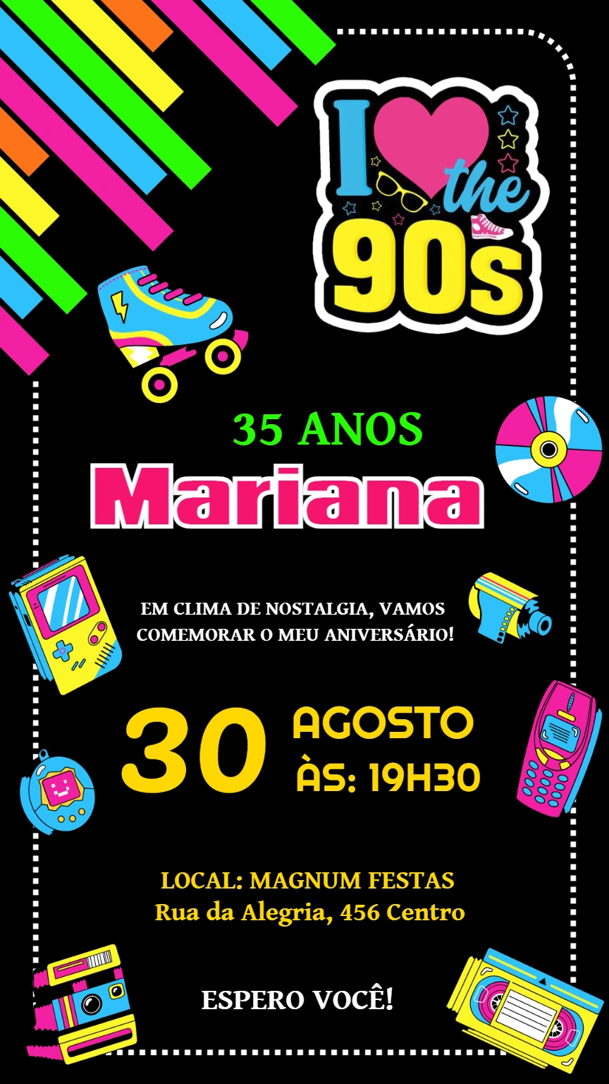 Convite de Aniversário Anos 90 com Ícones Retrô para Editar