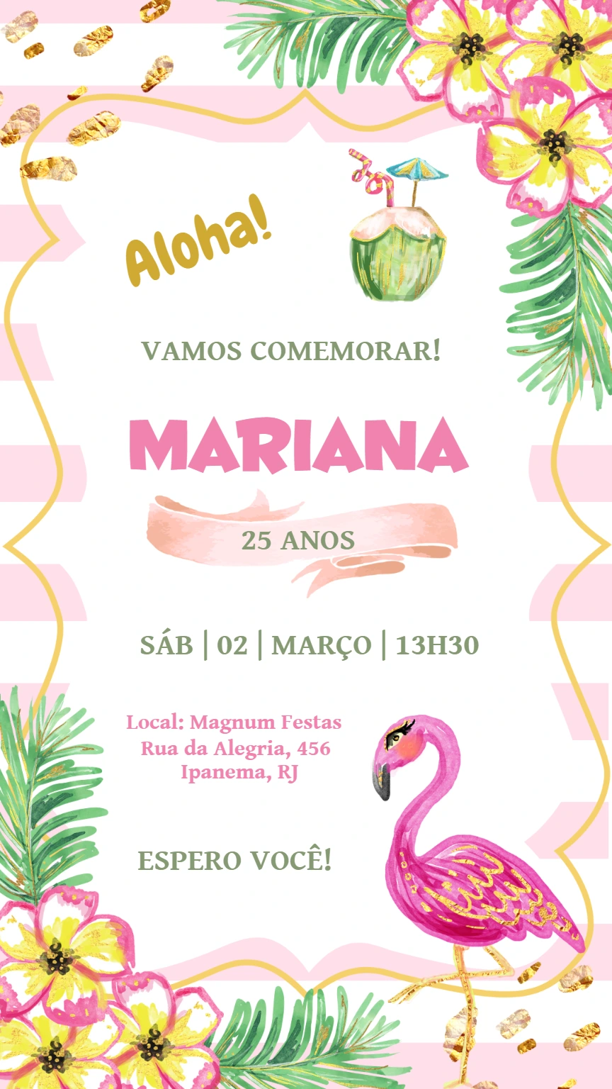 Convite de Aniversário Tropical com Flamingo para Editar Online
