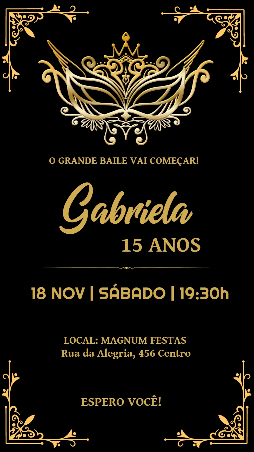 Convite de 15 Anos Baile de Máscaras Dourado para Editar Online